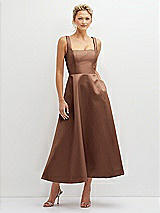 Front View Thumbnail - Cognac Square Neck Satin Midi Dress with Full Skirt & Pockets