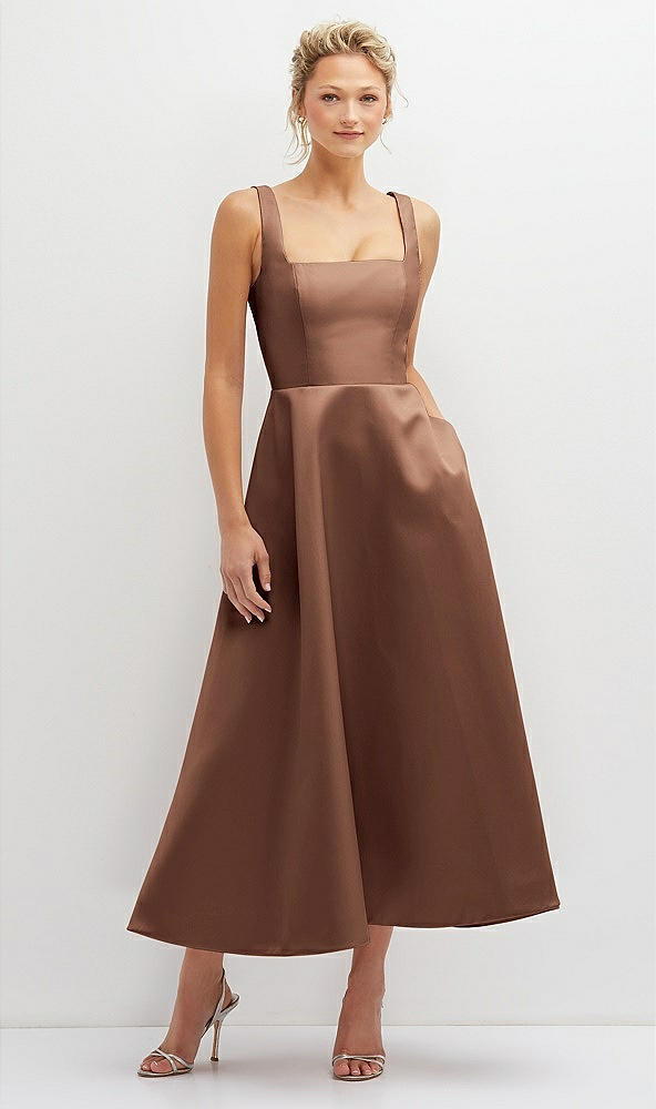 Front View - Cognac Square Neck Satin Midi Dress with Full Skirt & Pockets
