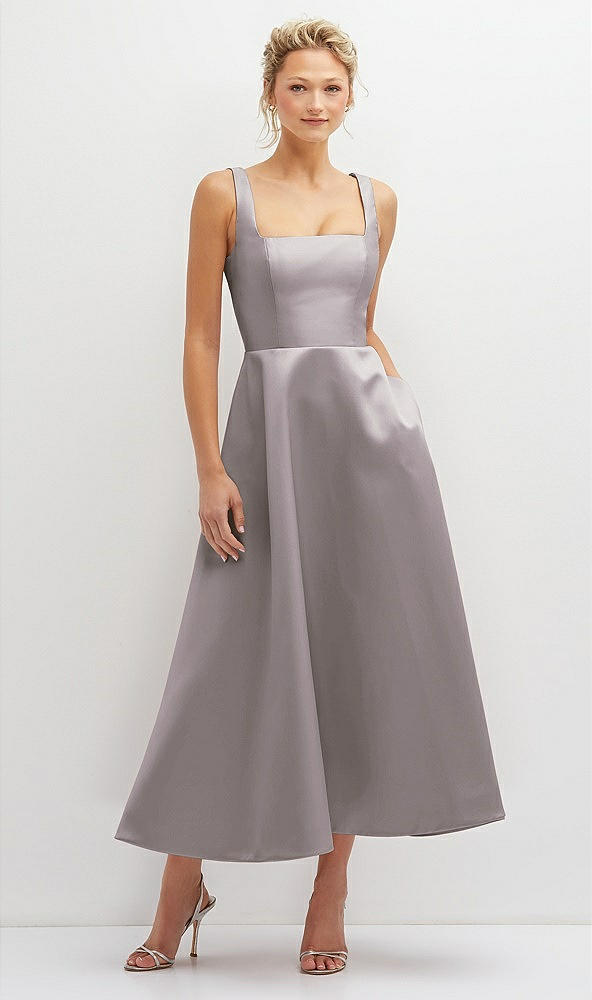 Front View - Cashmere Gray Square Neck Satin Midi Dress with Full Skirt & Pockets