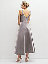 Rear View Thumbnail - Cashmere Gray Square Neck Satin Midi Dress with Full Skirt & Pockets