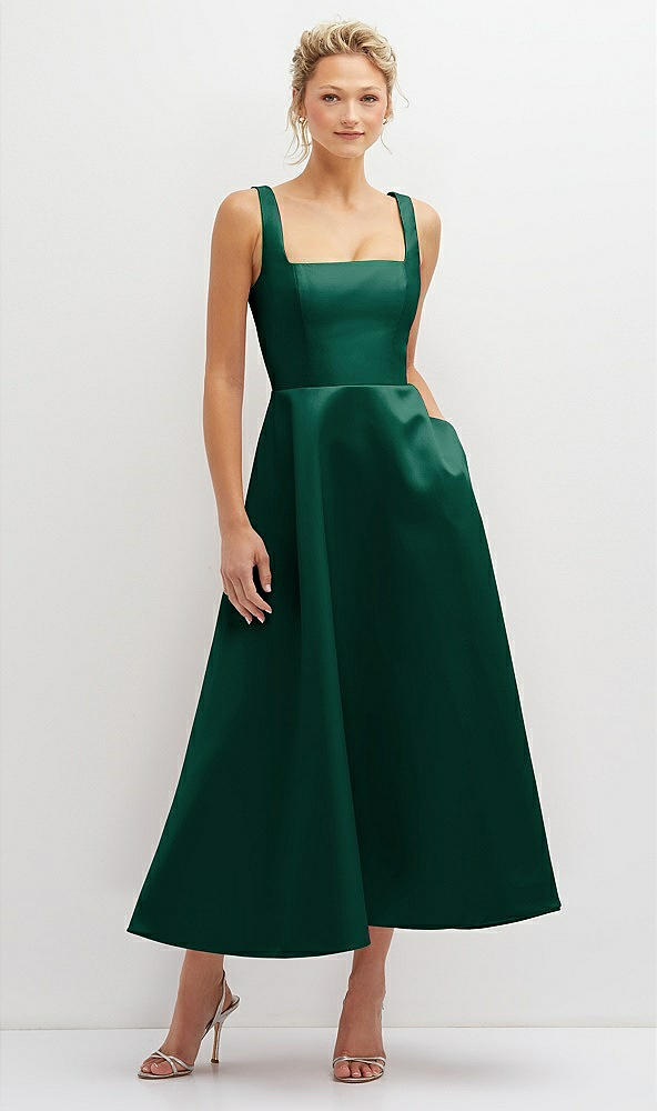 Front View - Hunter Green Square Neck Satin Midi Dress with Full Skirt & Pockets