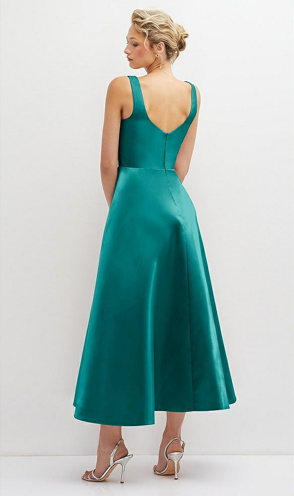 Back View - Jade Square Neck Satin Midi Dress with Full Skirt & Pockets