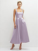 Front View Thumbnail - Lilac Haze Square Neck Satin Midi Dress with Full Skirt & Pockets