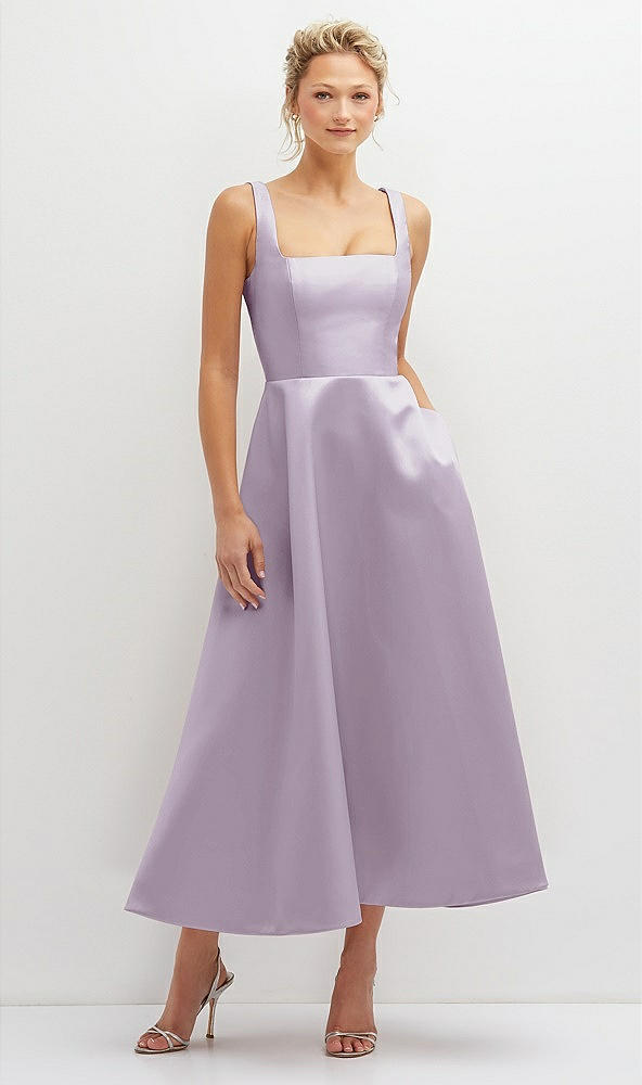 Front View - Lilac Haze Square Neck Satin Midi Dress with Full Skirt & Pockets