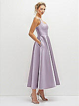 Side View Thumbnail - Lilac Haze Square Neck Satin Midi Dress with Full Skirt & Pockets
