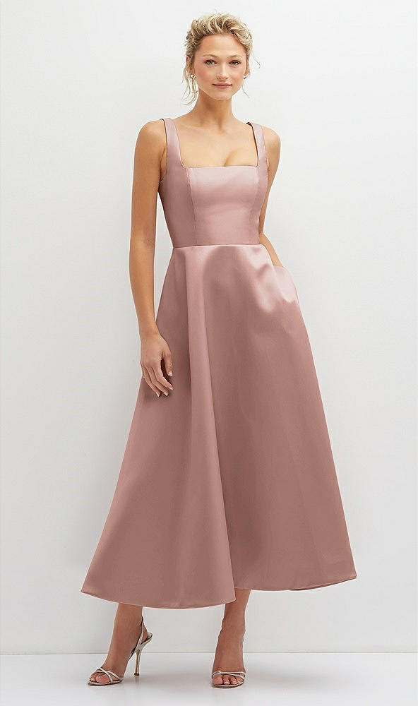 Front View - Neu Nude Square Neck Satin Midi Dress with Full Skirt & Pockets