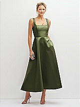 Front View Thumbnail - Olive Green Square Neck Satin Midi Dress with Full Skirt & Pockets