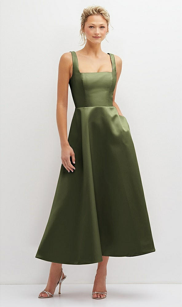 Front View - Olive Green Square Neck Satin Midi Dress with Full Skirt & Pockets