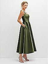 Side View Thumbnail - Olive Green Square Neck Satin Midi Dress with Full Skirt & Pockets