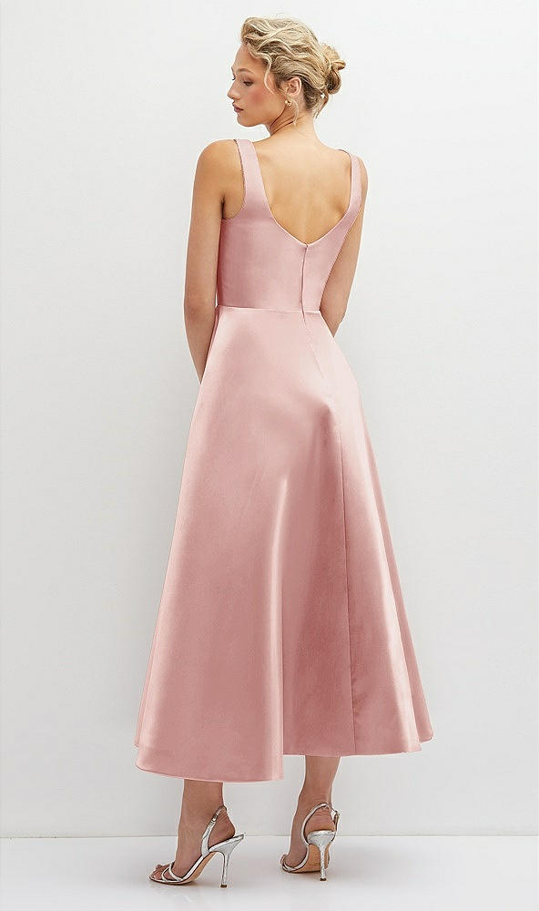Back View - Rose Square Neck Satin Midi Dress with Full Skirt & Pockets