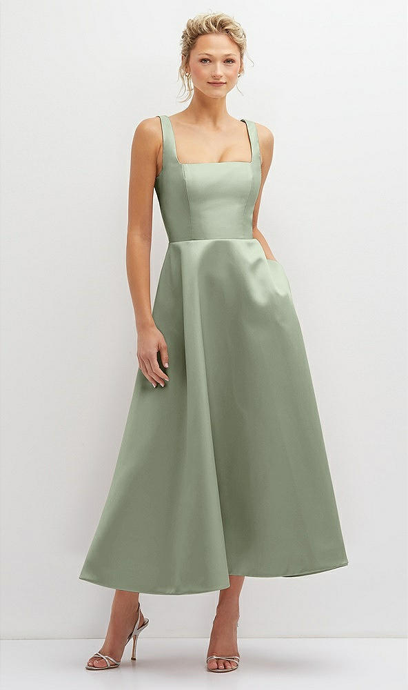 Front View - Sage Square Neck Satin Midi Dress with Full Skirt & Pockets