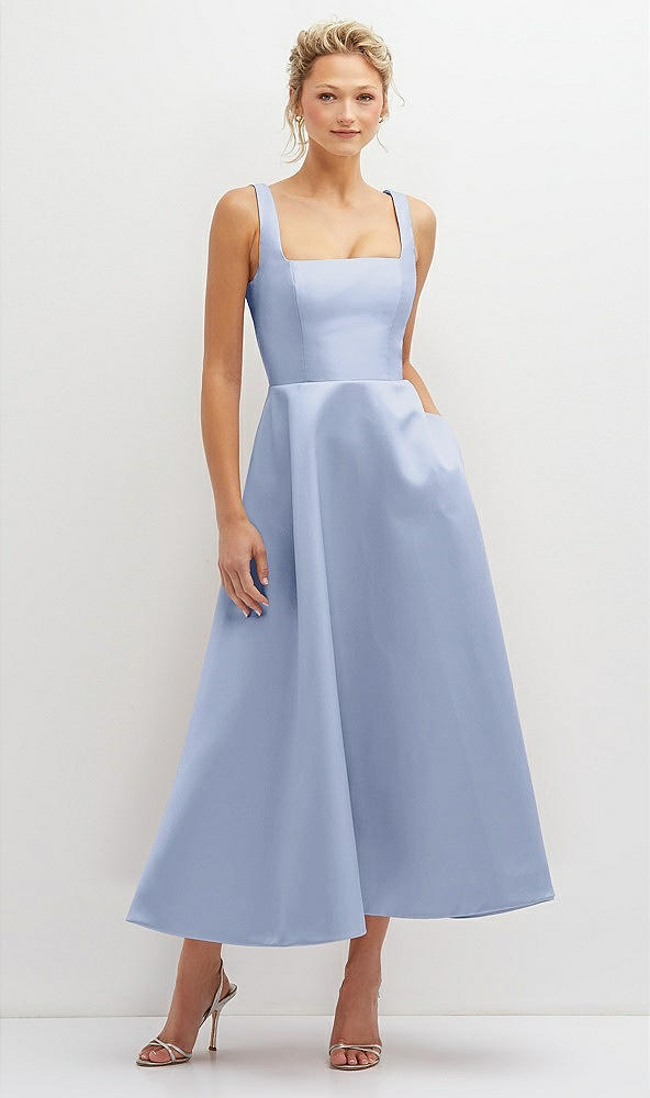 Front View - Sky Blue Square Neck Satin Midi Dress with Full Skirt & Pockets
