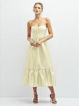 Front View Thumbnail - Butter Yellow Strapless Satin Midi Corset Dress with Lace-Up Back & Ruffle Hem