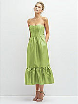 Alt View 1 Thumbnail - Mojito Strapless Satin Midi Corset Dress with Lace-Up Back & Ruffle Hem