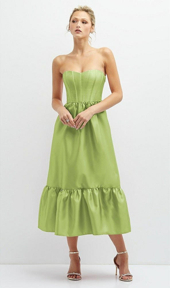 Front View - Mojito Strapless Satin Midi Corset Dress with Lace-Up Back & Ruffle Hem