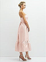 Side View Thumbnail - Blush Strapless Satin Midi Corset Dress with Lace-Up Back & Ruffle Hem