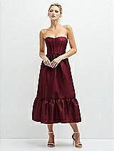 Front View Thumbnail - Cabernet Strapless Satin Midi Corset Dress with Lace-Up Back & Ruffle Hem