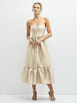 Front View Thumbnail - Champagne Strapless Satin Midi Corset Dress with Lace-Up Back & Ruffle Hem
