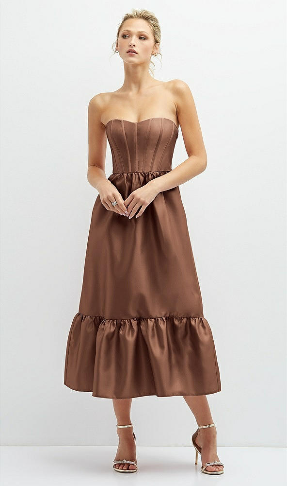 Front View - Cognac Strapless Satin Midi Corset Dress with Lace-Up Back & Ruffle Hem