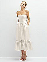 Alt View 1 Thumbnail - Ivory Strapless Satin Midi Corset Dress with Lace-Up Back & Ruffle Hem