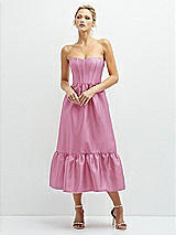 Front View Thumbnail - Powder Pink Strapless Satin Midi Corset Dress with Lace-Up Back & Ruffle Hem