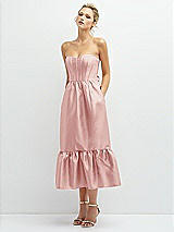 Alt View 1 Thumbnail - Rose Strapless Satin Midi Corset Dress with Lace-Up Back & Ruffle Hem