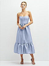 Front View Thumbnail - Sky Blue Strapless Satin Midi Corset Dress with Lace-Up Back & Ruffle Hem