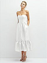 Alt View 1 Thumbnail - White Strapless Satin Midi Corset Dress with Lace-Up Back & Ruffle Hem