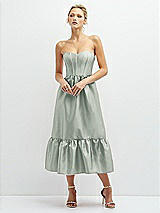 Front View Thumbnail - Willow Green Strapless Satin Midi Corset Dress with Lace-Up Back & Ruffle Hem