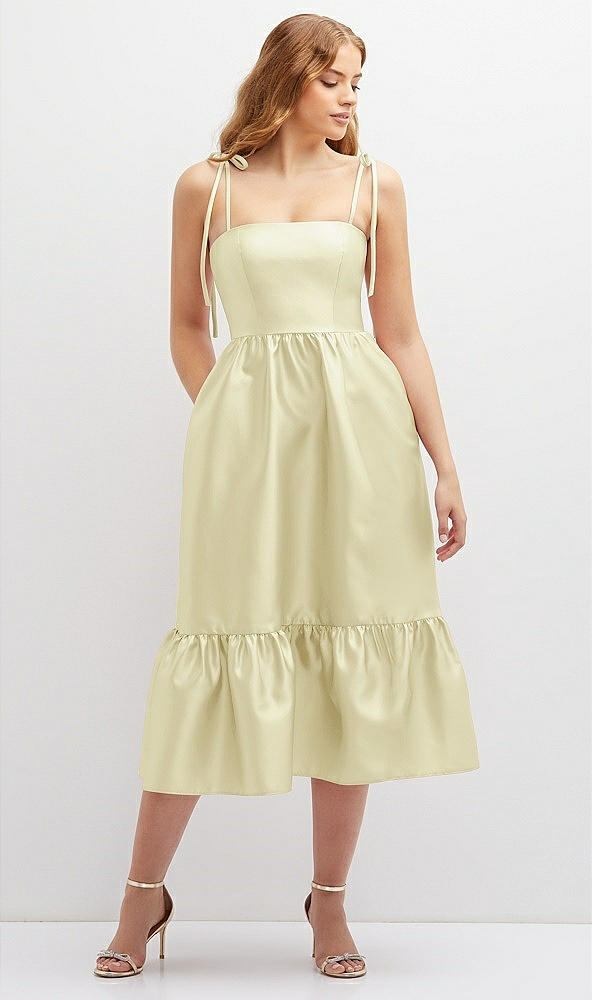 Front View - Butter Yellow Shirred Ruffle Hem Midi Dress with Self-Tie Spaghetti Straps and Pockets