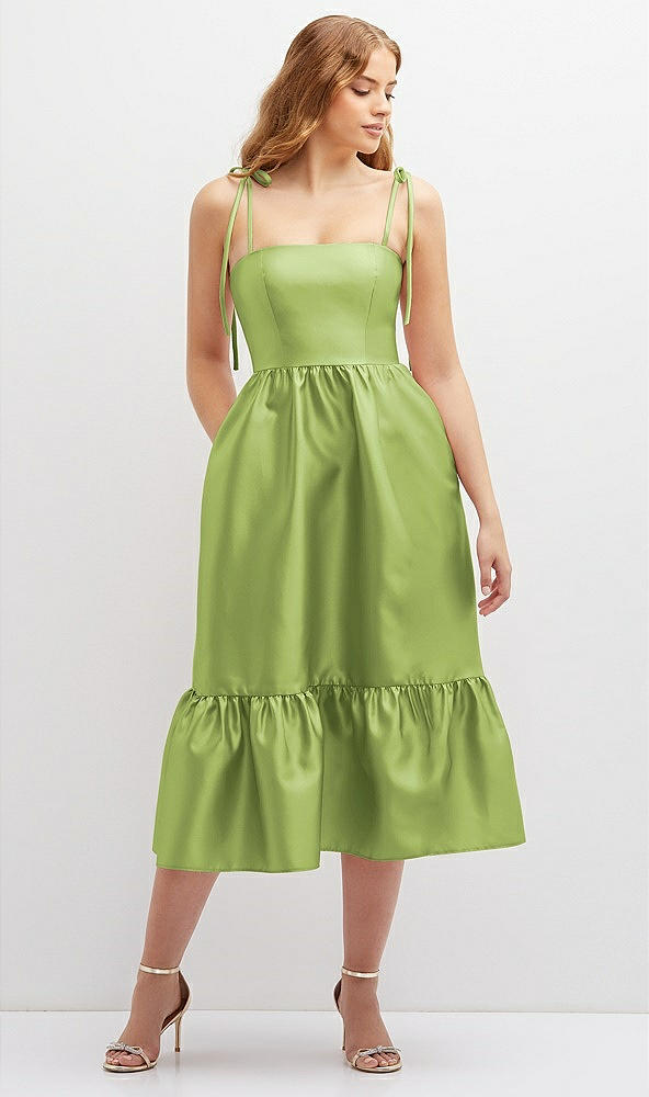 Front View - Mojito Shirred Ruffle Hem Midi Dress with Self-Tie Spaghetti Straps and Pockets