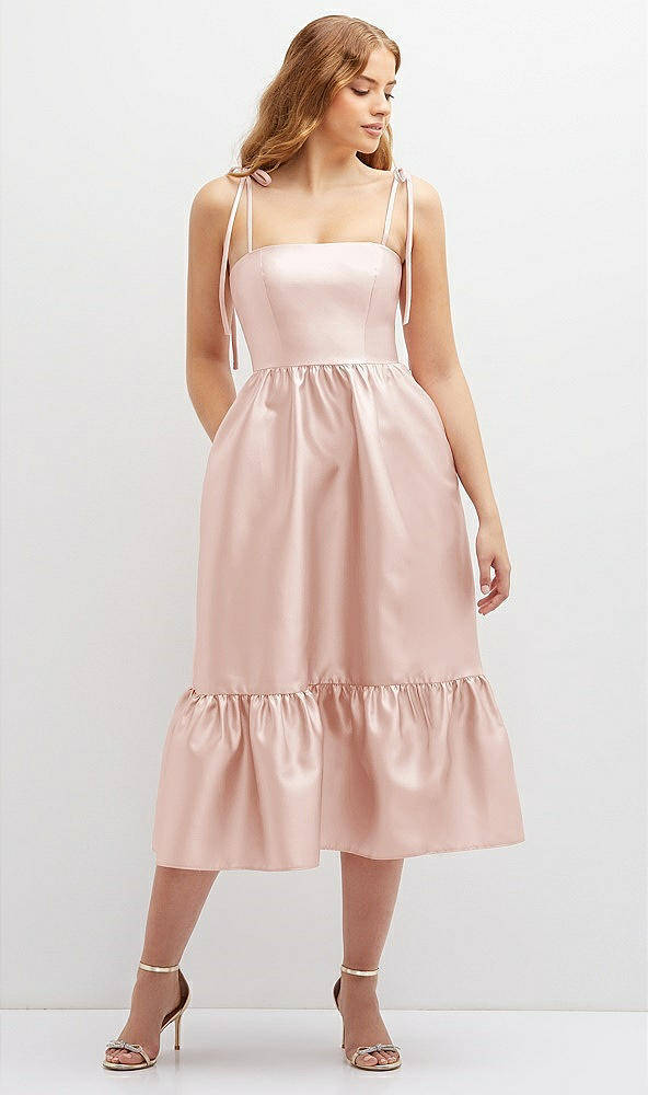 Front View - Blush Shirred Ruffle Hem Midi Dress with Self-Tie Spaghetti Straps and Pockets