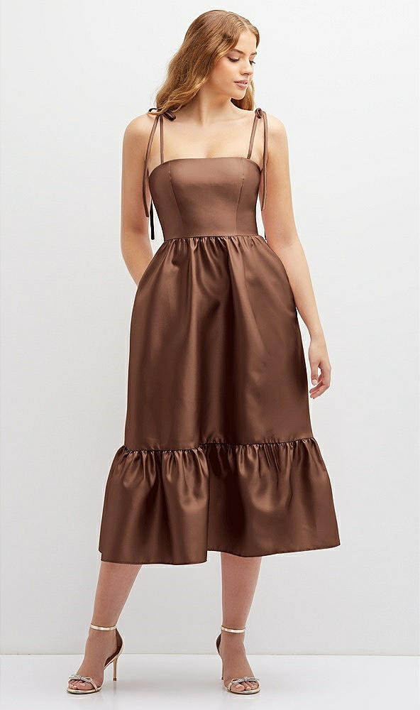 Front View - Cognac Shirred Ruffle Hem Midi Dress with Self-Tie Spaghetti Straps and Pockets