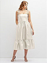 Front View Thumbnail - Ivory Shirred Ruffle Hem Midi Dress with Self-Tie Spaghetti Straps and Pockets