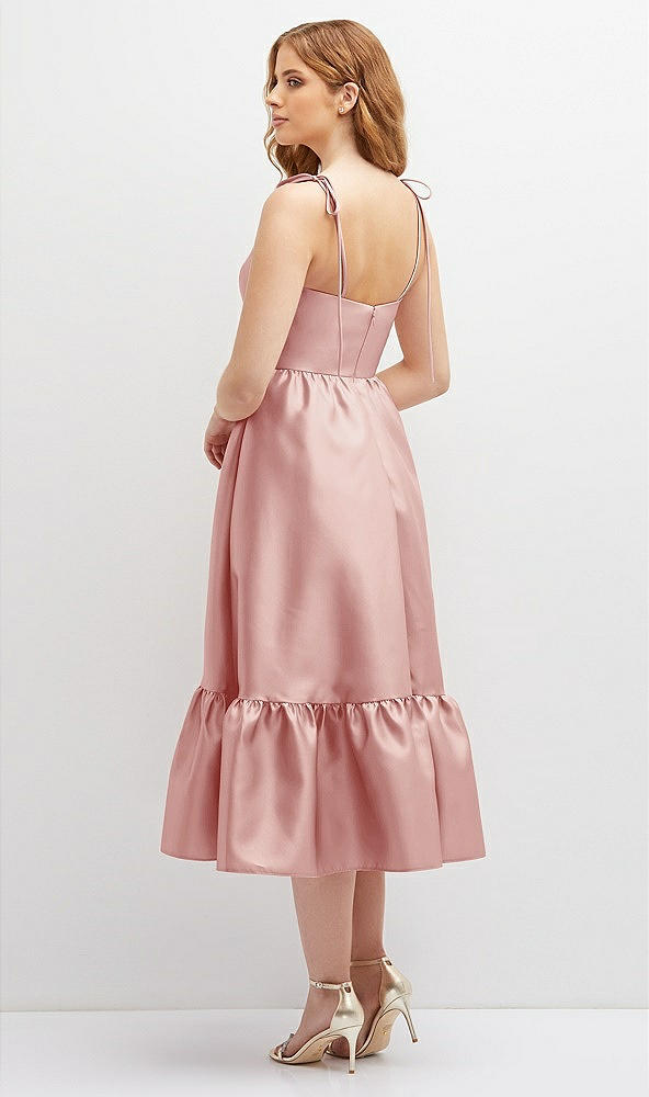 Back View - Rose Shirred Ruffle Hem Midi Dress with Self-Tie Spaghetti Straps and Pockets