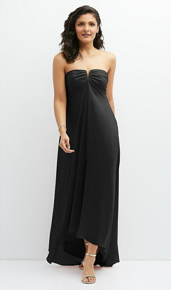 Front View - Black Strapless Draped Notch Neck Chiffon High-Low Dress