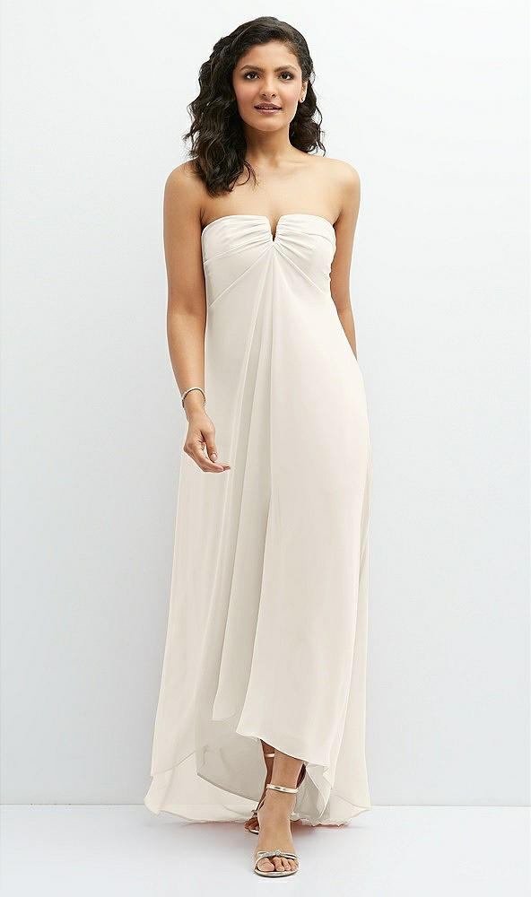 Front View - Ivory Strapless Draped Notch Neck Chiffon High-Low Dress