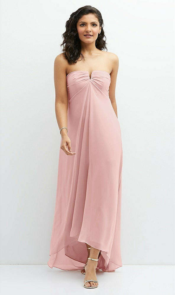 Front View - Rose Strapless Draped Notch Neck Chiffon High-Low Dress