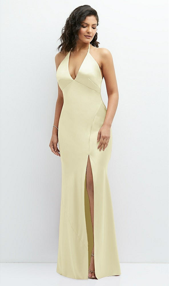 Front View - Butter Yellow Plunge Halter Open-Back Maxi Bias Dress with Low Tie Back