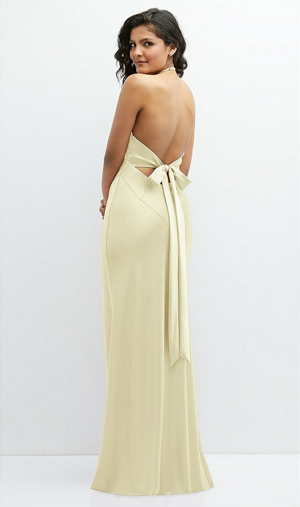 Back View - Butter Yellow Plunge Halter Open-Back Maxi Bias Dress with Low Tie Back