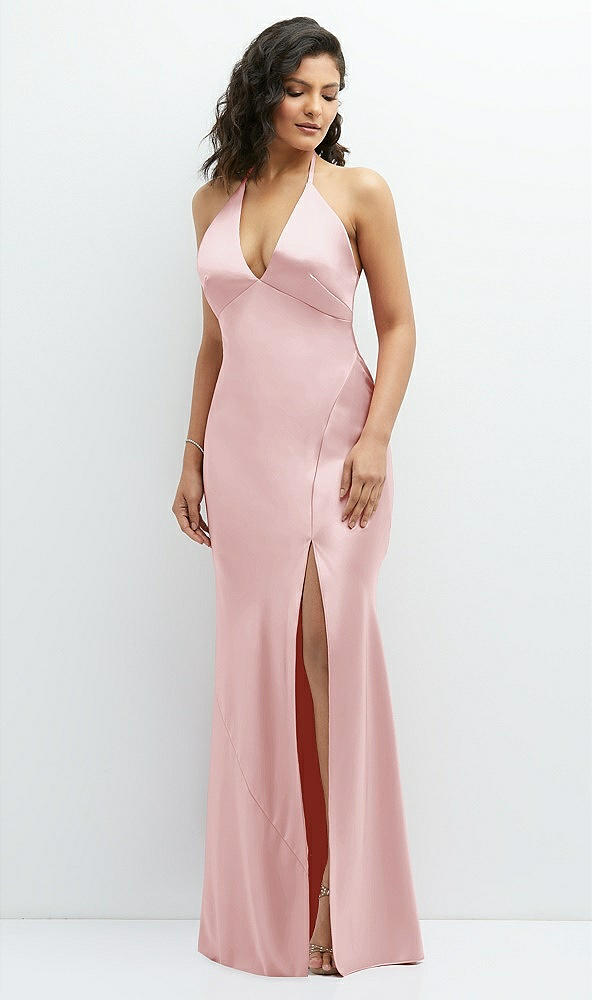 Front View - Ballet Pink Plunge Halter Open-Back Maxi Bias Dress with Low Tie Back