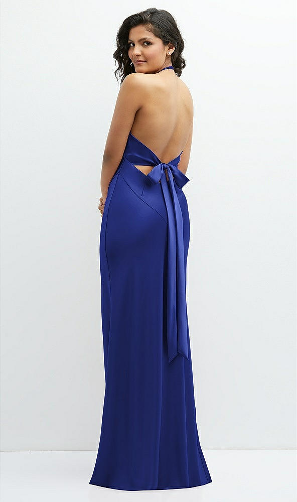 Back View - Cobalt Blue Plunge Halter Open-Back Maxi Bias Dress with Low Tie Back