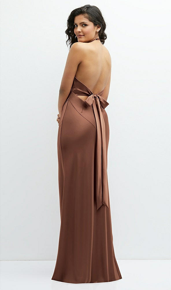 Back View - Cognac Plunge Halter Open-Back Maxi Bias Dress with Low Tie Back
