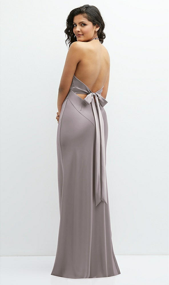 Back View - Cashmere Gray Plunge Halter Open-Back Maxi Bias Dress with Low Tie Back
