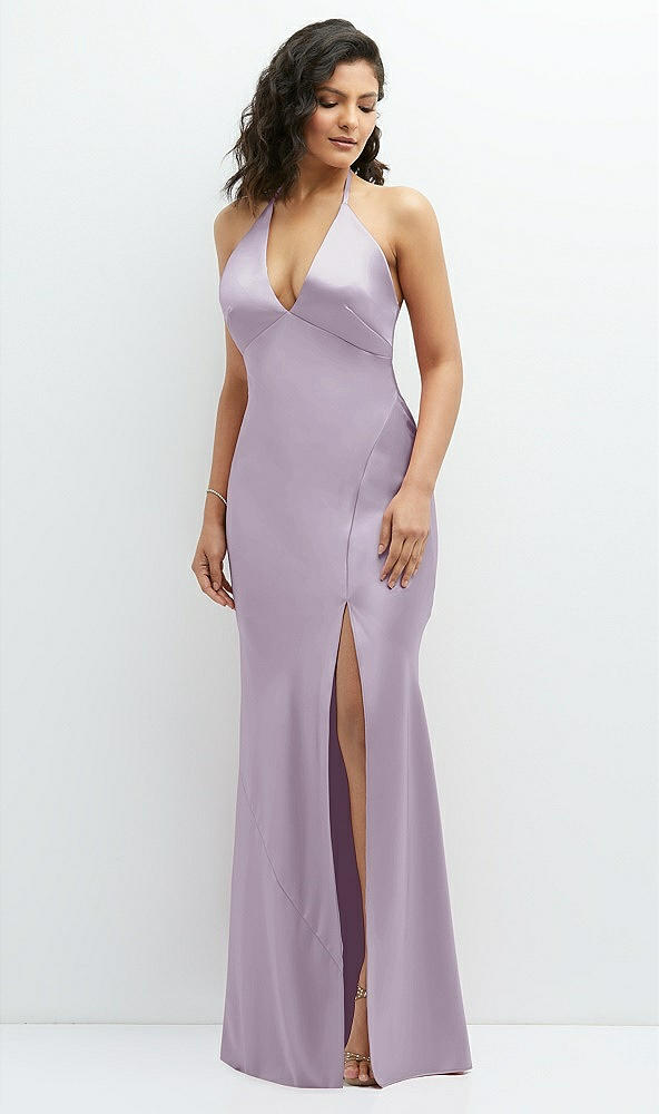 Front View - Lilac Haze Plunge Halter Open-Back Maxi Bias Dress with Low Tie Back