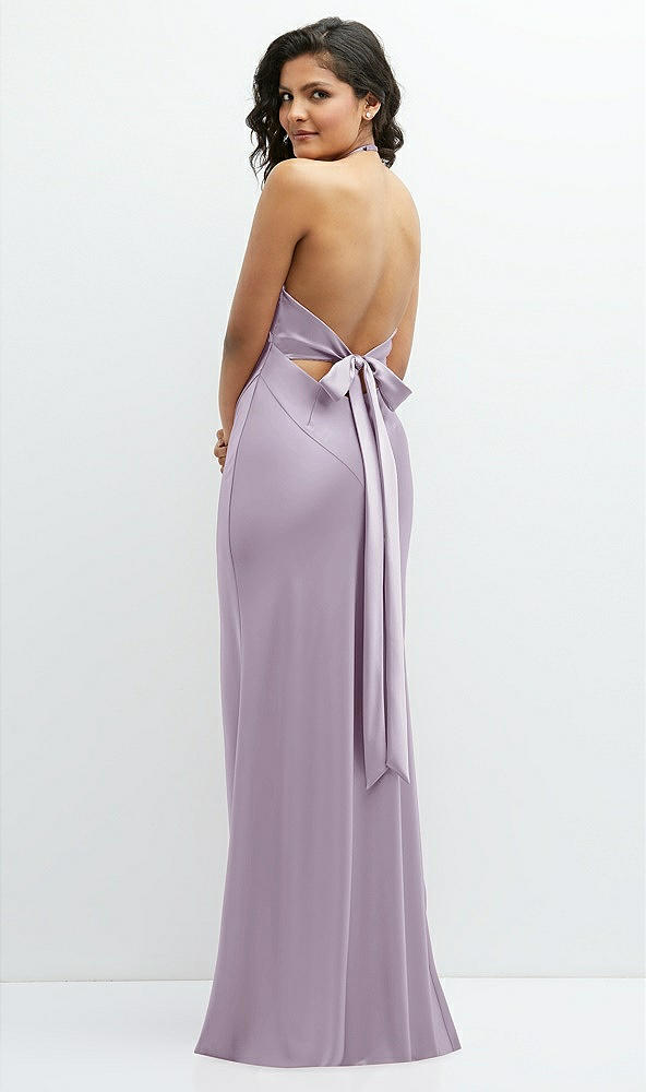 Back View - Lilac Haze Plunge Halter Open-Back Maxi Bias Dress with Low Tie Back