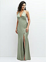 Front View Thumbnail - Sage Plunge Halter Open-Back Maxi Bias Dress with Low Tie Back