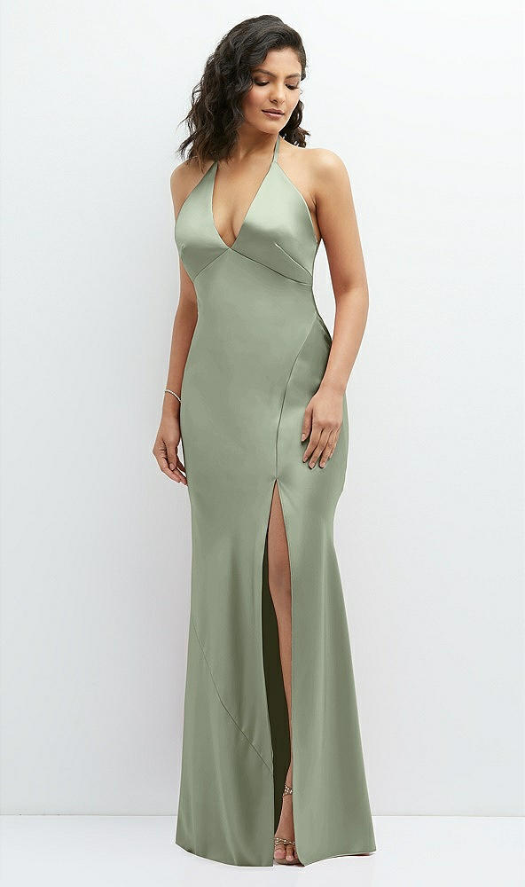 Front View - Sage Plunge Halter Open-Back Maxi Bias Dress with Low Tie Back