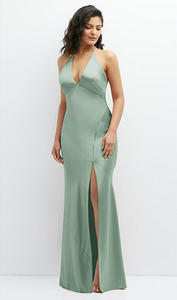 Front View - Seagrass Plunge Halter Open-Back Maxi Bias Dress with Low Tie Back