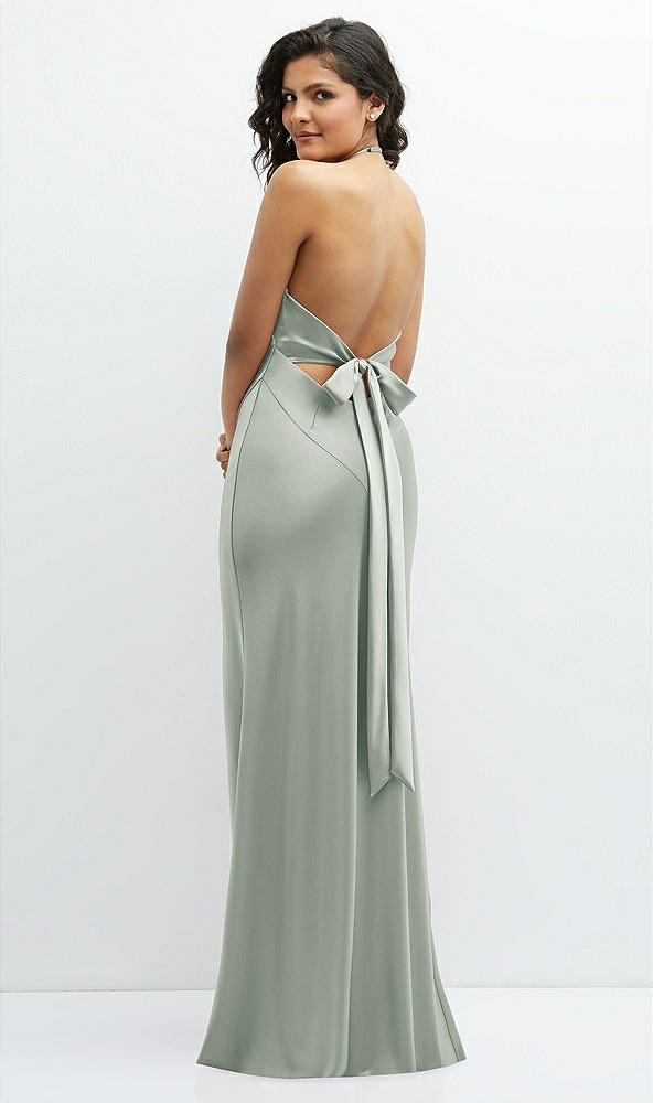 Back View - Willow Green Plunge Halter Open-Back Maxi Bias Dress with Low Tie Back